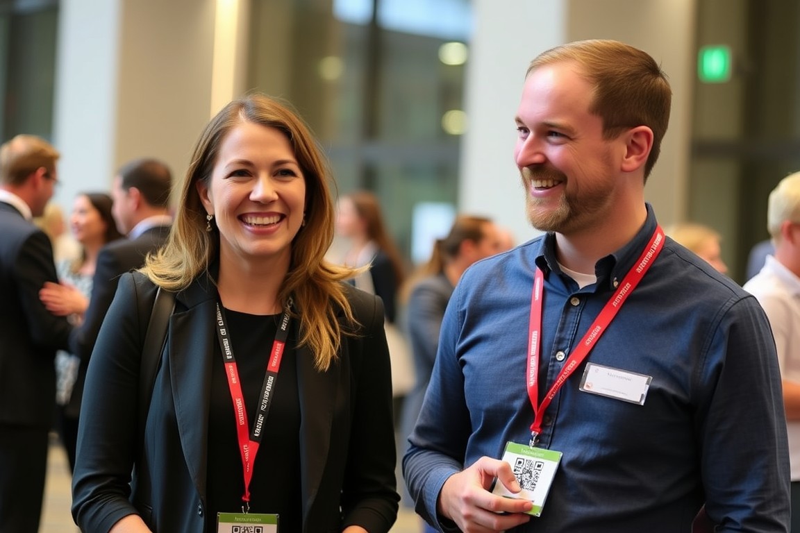 Conference attendees networking at a SciConf-powered event